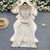 Autumn Winter Women Elegant Polo Collar Knitted Sweater Metal Button Long Maxi Split Pullover Dresses