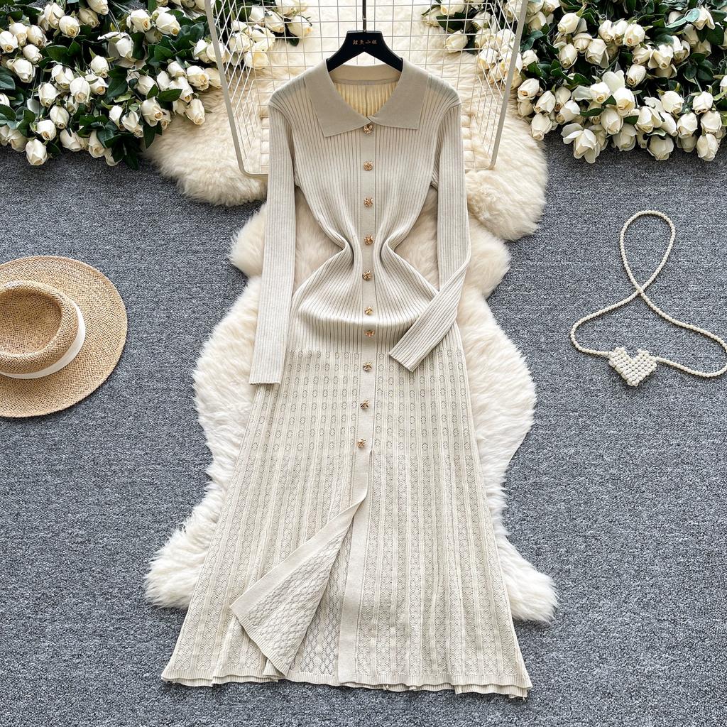 Autumn Winter Women Elegant Polo Collar Knitted Sweater Metal Button Long Maxi Split Pullover Dresses