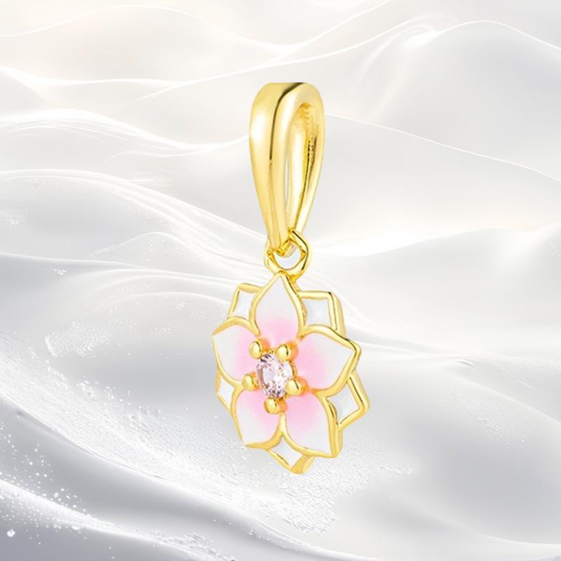Cherry Blossom Flower Clip Charm Beads Dangle Fit Original Snake Silver Bracelet Necklace Bead For Diy Jewelry Women Gift