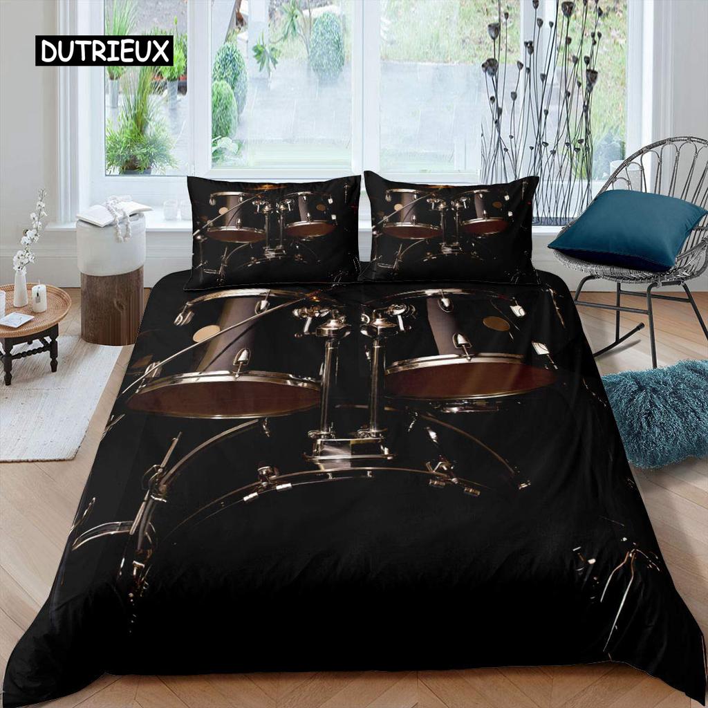 Blue Drum Kit Duvet Cover Set Microfiber Rock Roll Pop Music Twin Bedding Set Musical Instrument Glitter Lines Comforter Cover