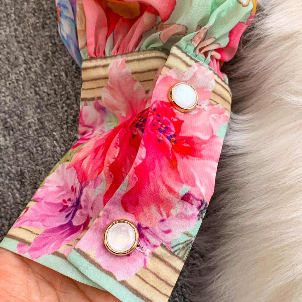 Fashionable V-neck Single-breasted Cinched Waist Women's Dress with Lantern Sleeves and Printed Pleats