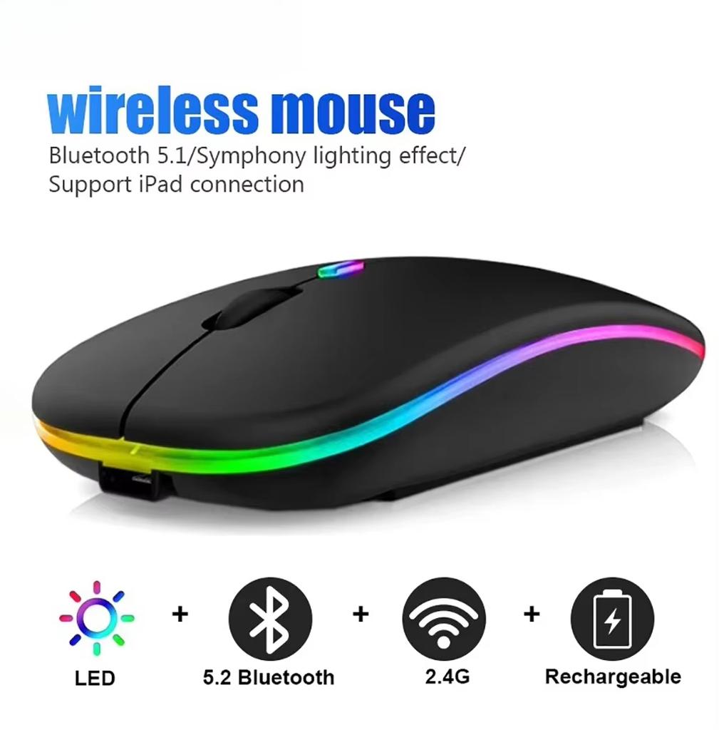 Rechargeable Bluetooth Wireless Mouse with 2.4GHz USB LED Backlit RGB Mouse for Computer Laptop Tablet PC Macbook Gaming Mouse
