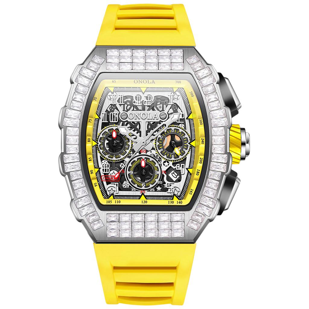 Men's Fashion Full Diamond Automatic Luminous Mechanical Watch Multi Functional Three Eye Calendar Dial Sports Watch