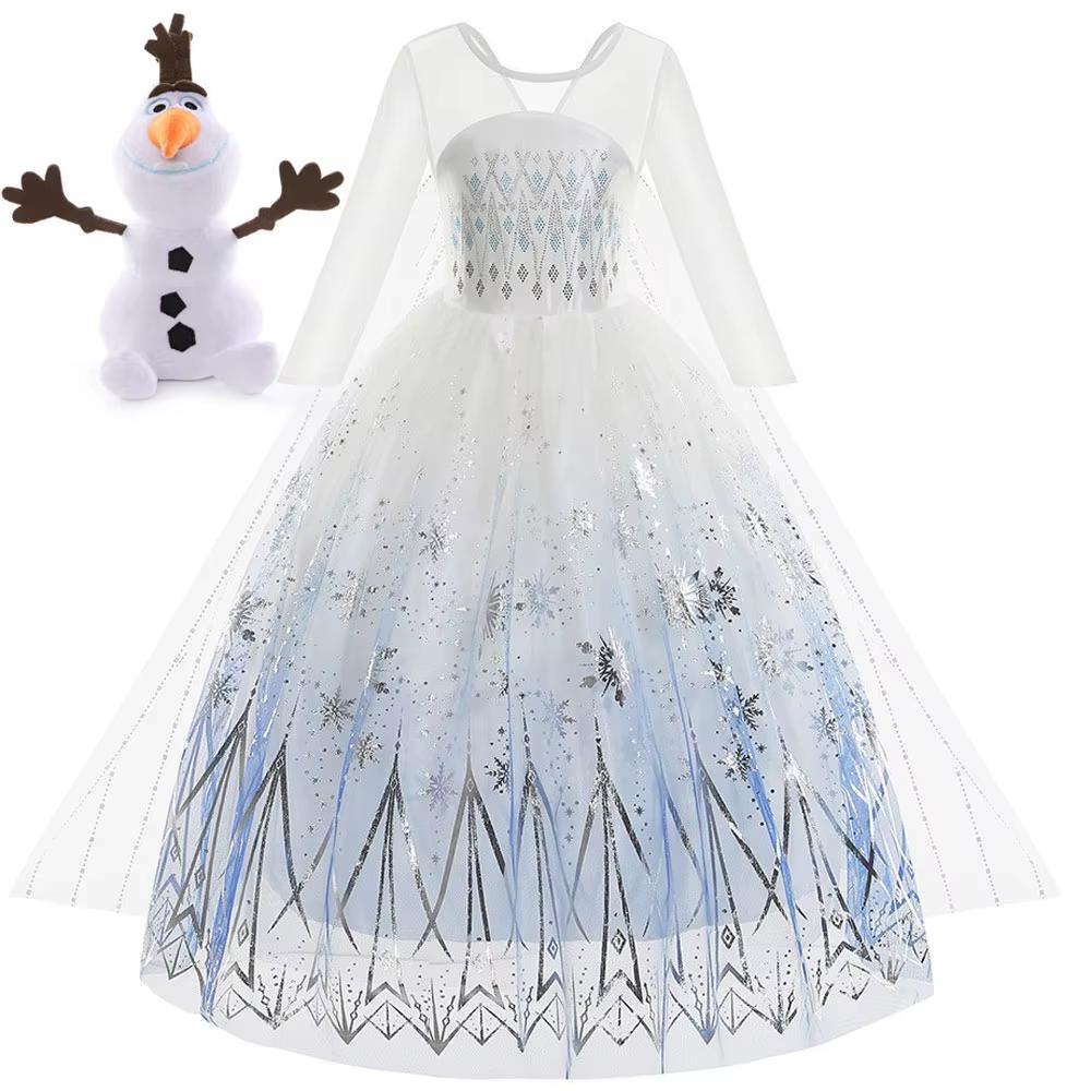 Elsa Princess Dress For Girl White Printed Long-Sleeved Lace Dress Festive Party Gift Set Frozen Dress Fire Spirit Olaf
