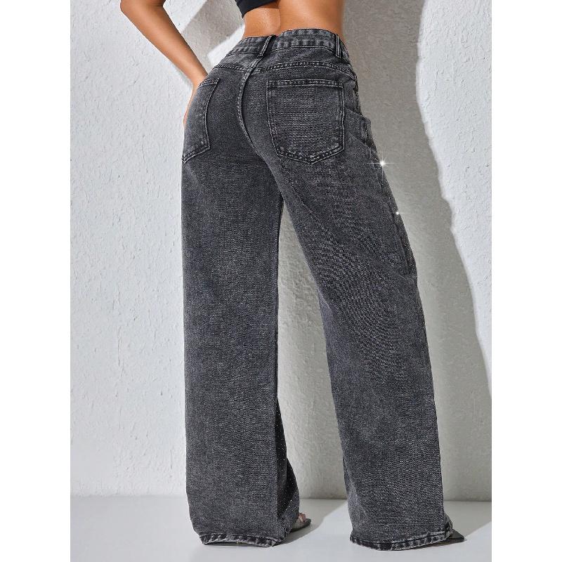 Nuovi Jeans Lavati da Donna con Strass, Taglie Forti Vita Bassa Larghi Bottoni Dritti Pantaloni in Denim