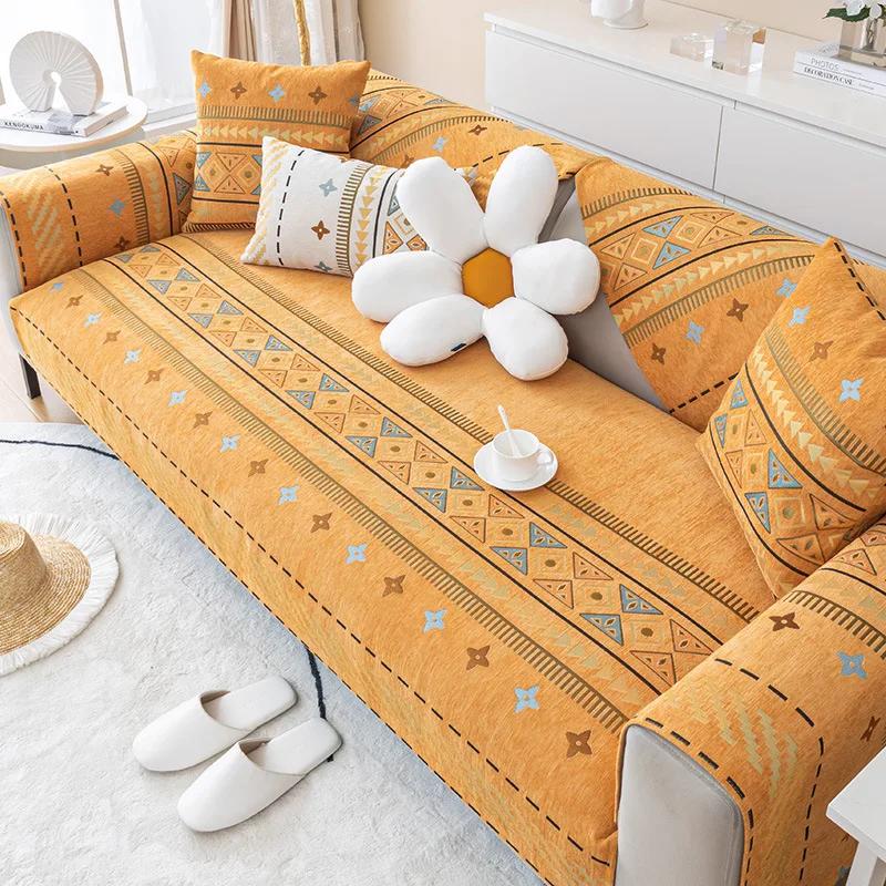 Light Luxury Bohemian 3 Seat Sofa Covers Waterproof Elastic Stretch Plush Chenille Non-Slip Cushions Fabric Material Sofa Cover