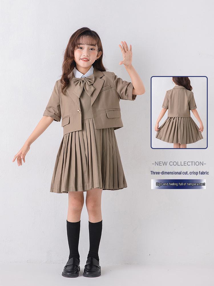 British Style Summer Short Sleeve Kindergarten Uniform Set for Boys and Girls