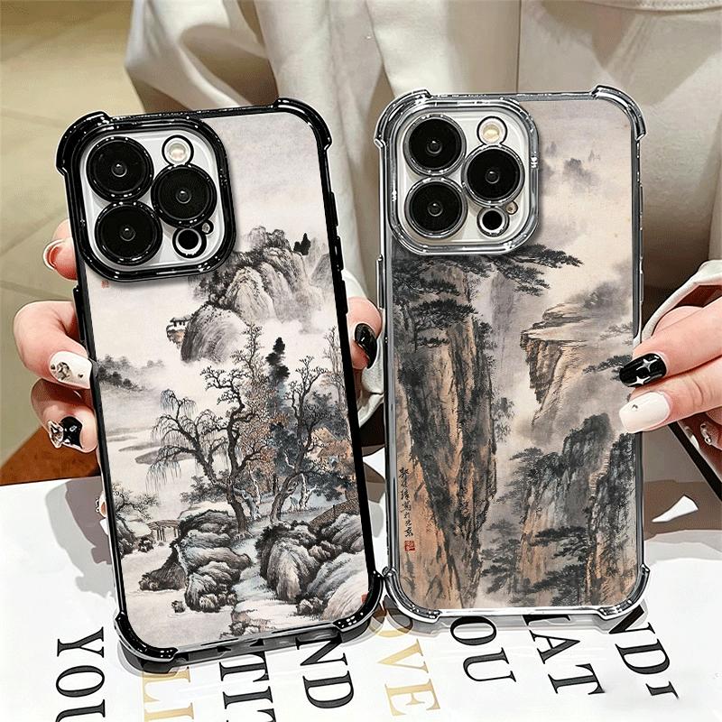 Chinese Style Ink Painting Art Soft Phone Case For iPhone 15 16 17 Air 14 Pro Max 16E Plus 13 12 Mini Plating Anti-Fall Fundas