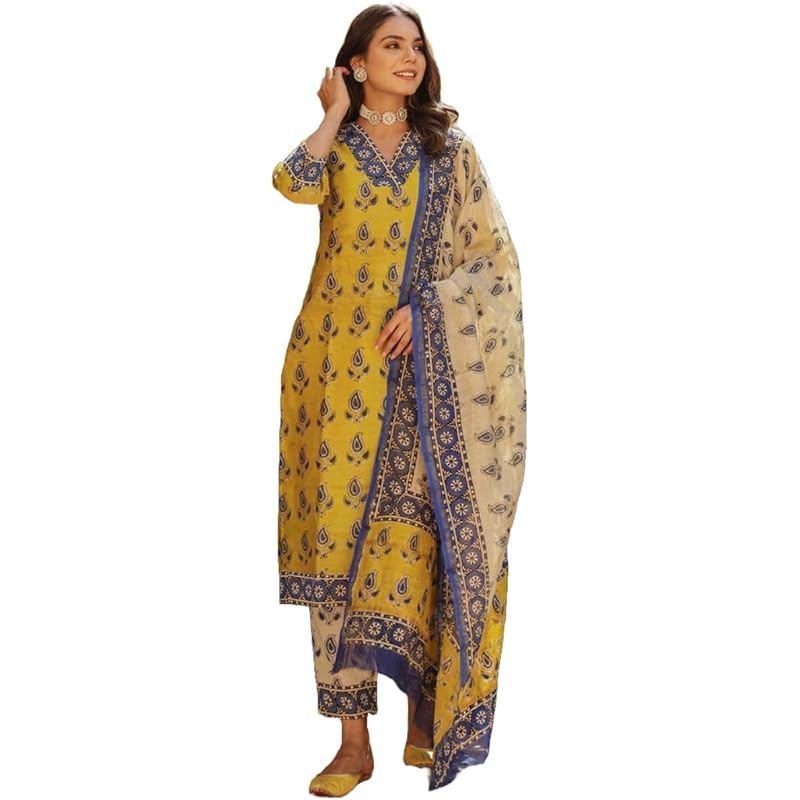 GoSriKi Women's Cotton Blend Straight Printed Kurta with Pant & Dupatta (Uchiha Mustard-GS_L_Mustard_Large)