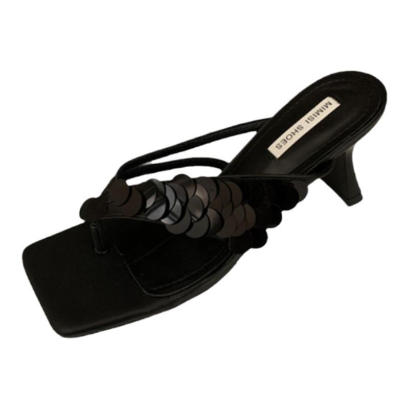 New French Stiletto Flip-flops for Summer 2024, Niche Design, Sequined High-heeled Sandals