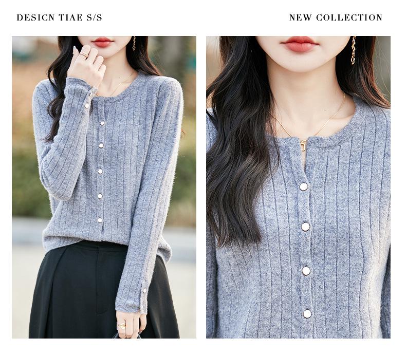 100% Pure Wool Ribbed Knit Cardigan, Round Neck, Long Sleeve, Solid Color, Loose Fit, Warm Outerwear for Autumn & Winter