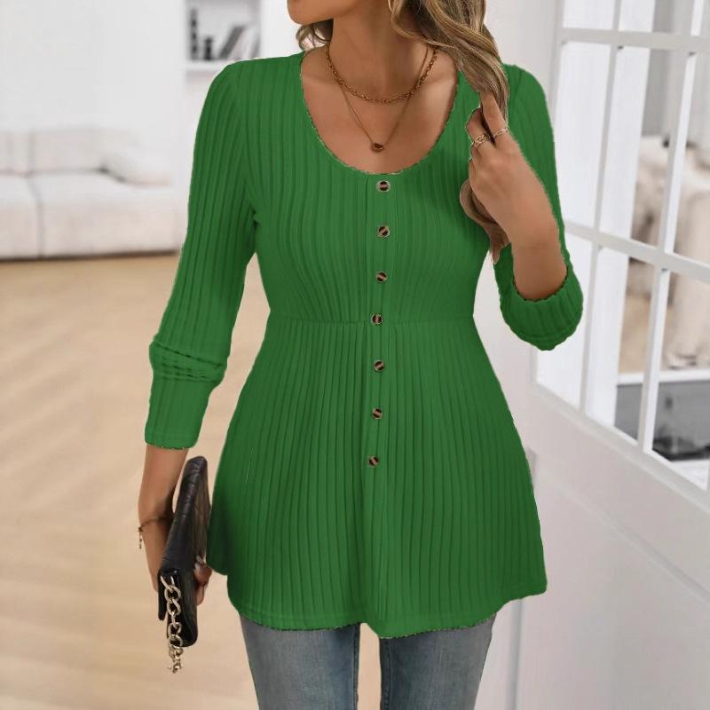 Women S Plus Size Solid Long Sleeve Round Neck Top With Button Decoration
