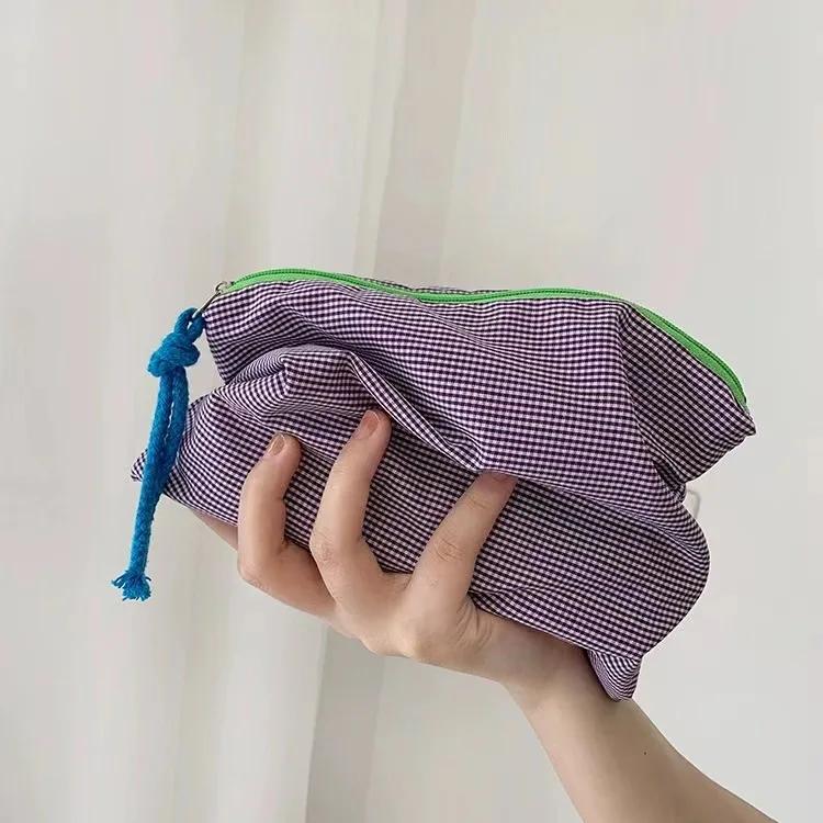 Korean Small Plaid Fabric Storage Bag Contrast Color Tassel Zipper Pouch Multi-use Cosmetic Organizer Coin Purse Mini Handbag