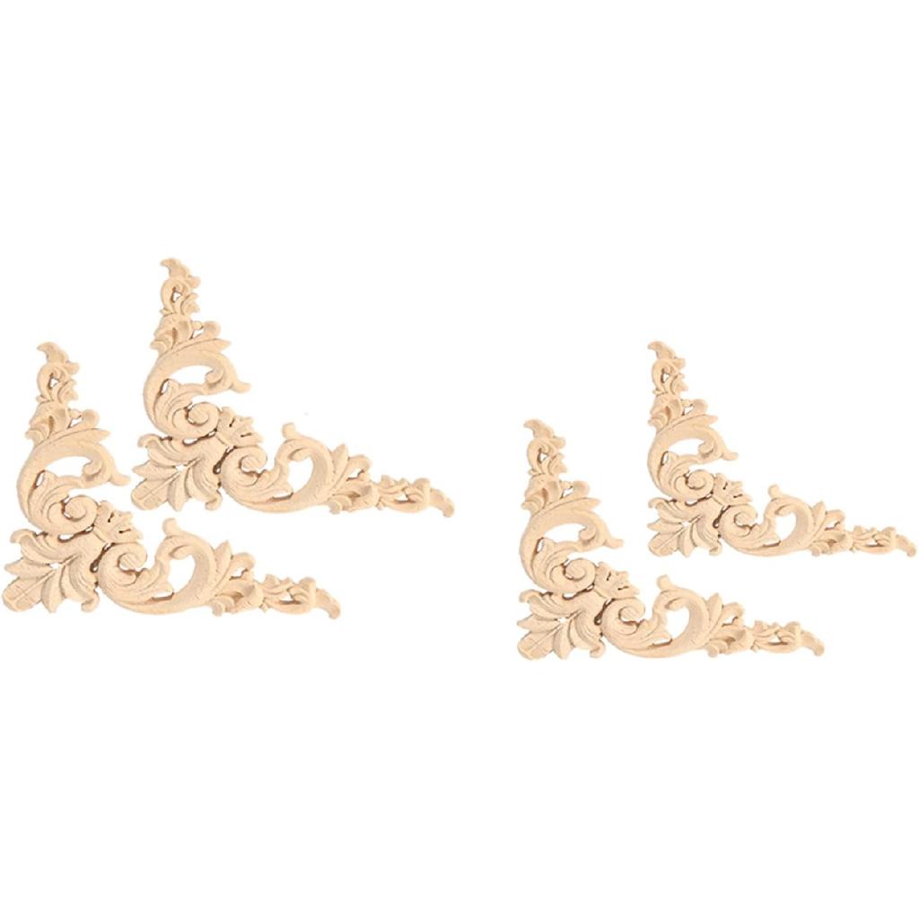 4pcs Wooden Onlay Applique for Furniture, Carved Wood Corner Decals for Mirror Bed Door Cabinet, Flower Shape Unpainted Wood Decor(12x12cm/4.7x4.7in)
