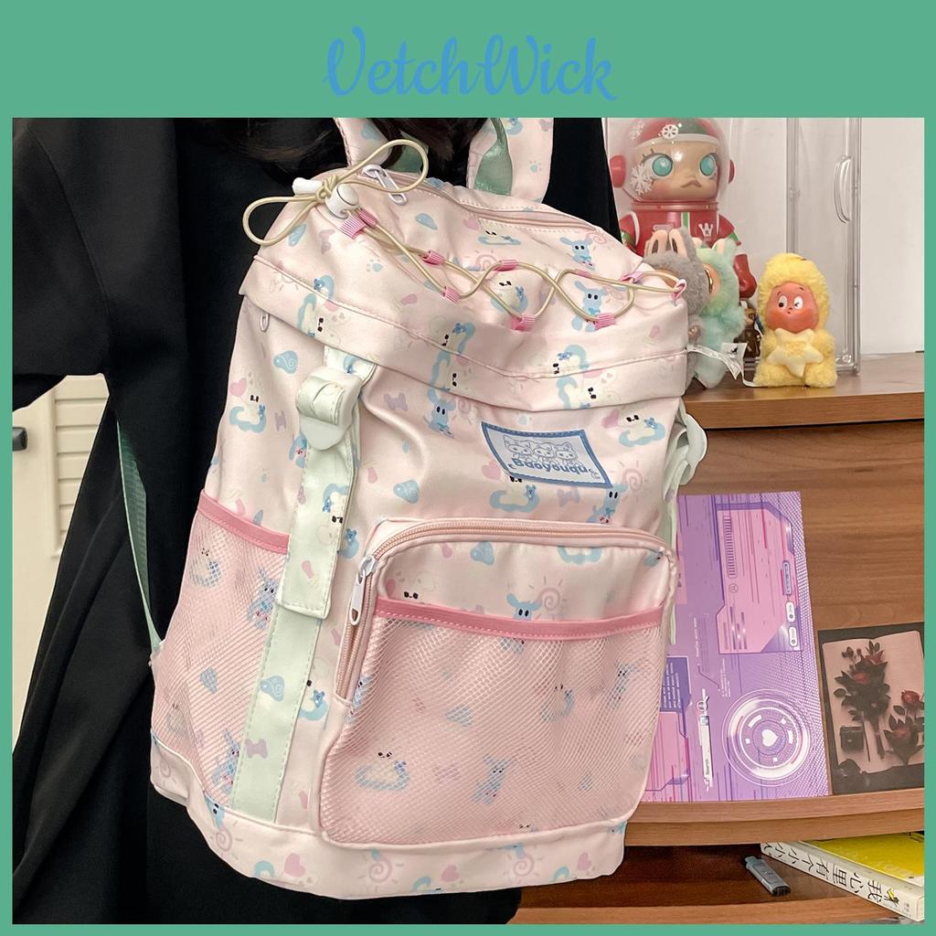 Cute Star Rabbit Bone Printed Student Backpack With Strap Decoration For Campus And Outdoor Use