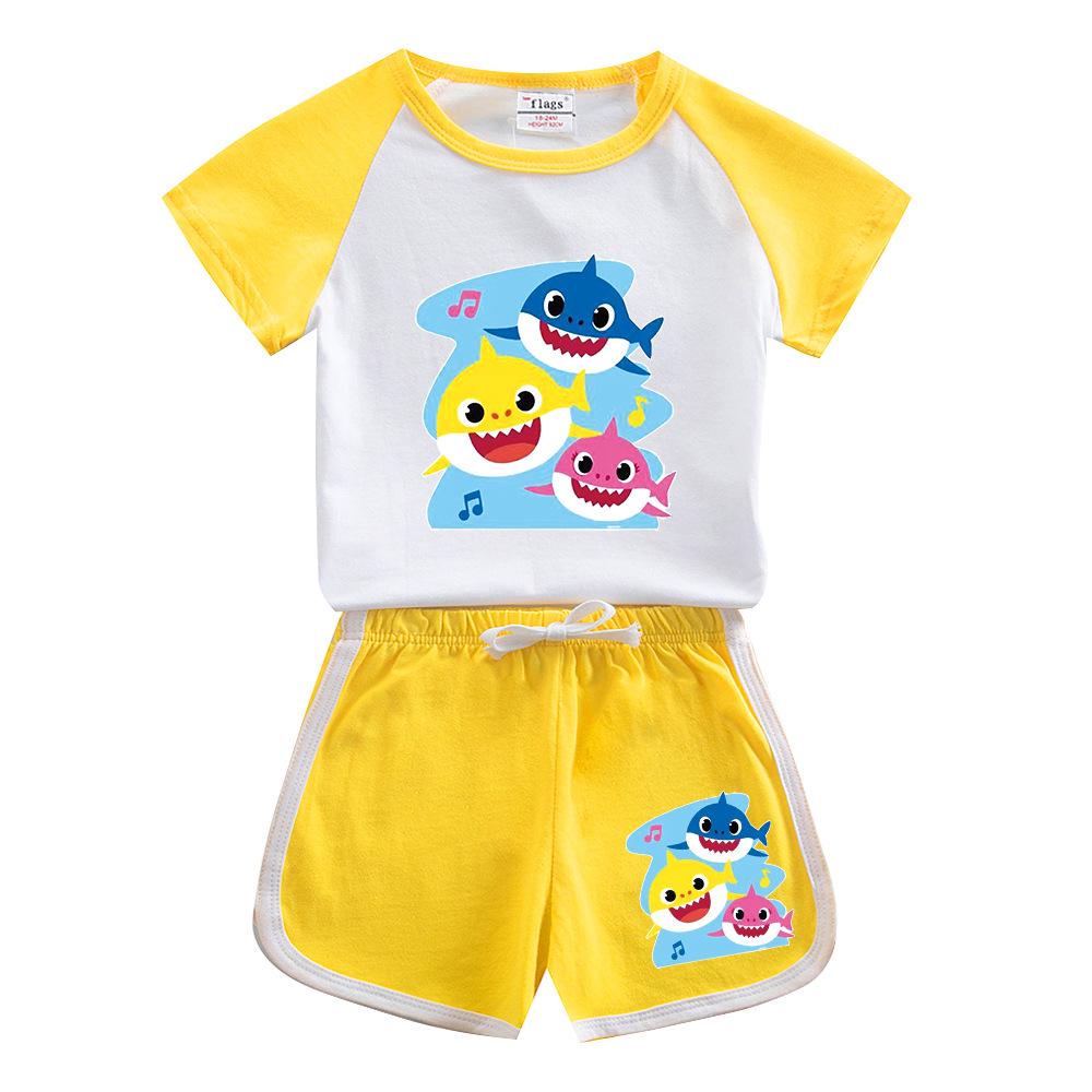 Kids' Baby Shark Summer Set 2024: Pure Cotton Cartoon T-Shirt & Shorts, Two-Piece Set