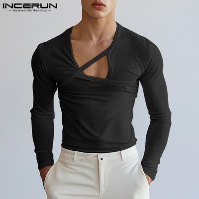 Men Tops U Neck Cutout Long Sleeve Fitted Undershirts T-shirts