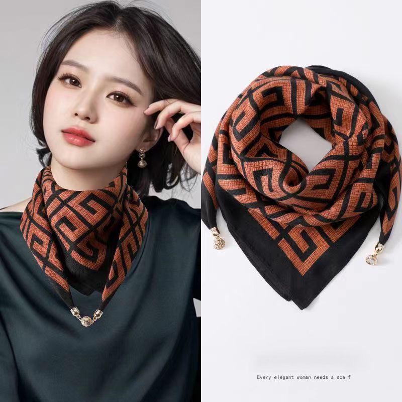 Autumn/Winter Silk Cotton Scarf with Magnetic Buckle - Versatile, High-end Neck Warmer