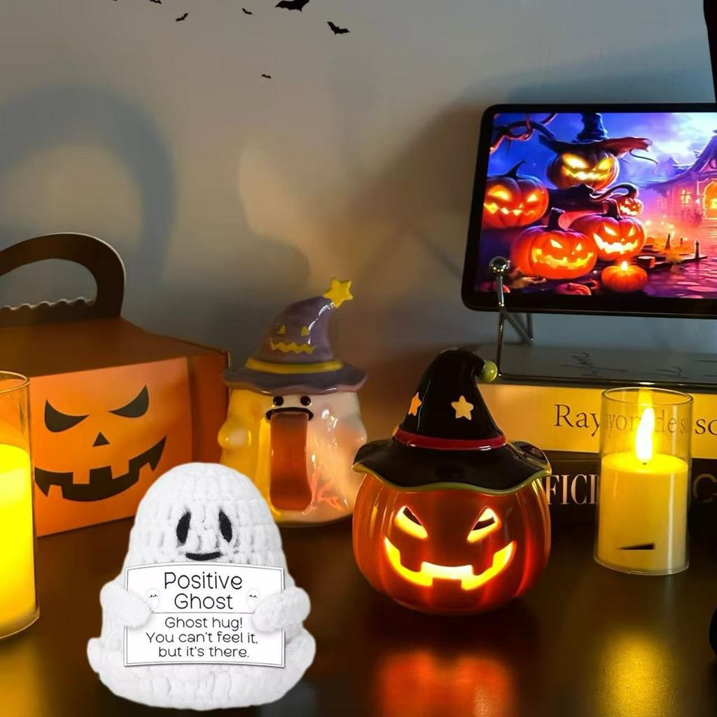 Creative Funny Handmade Knitted Positive Ghost Halloween Home Decoration Crochet Ghost Cat Knitted Doll With Card Christmas Gift