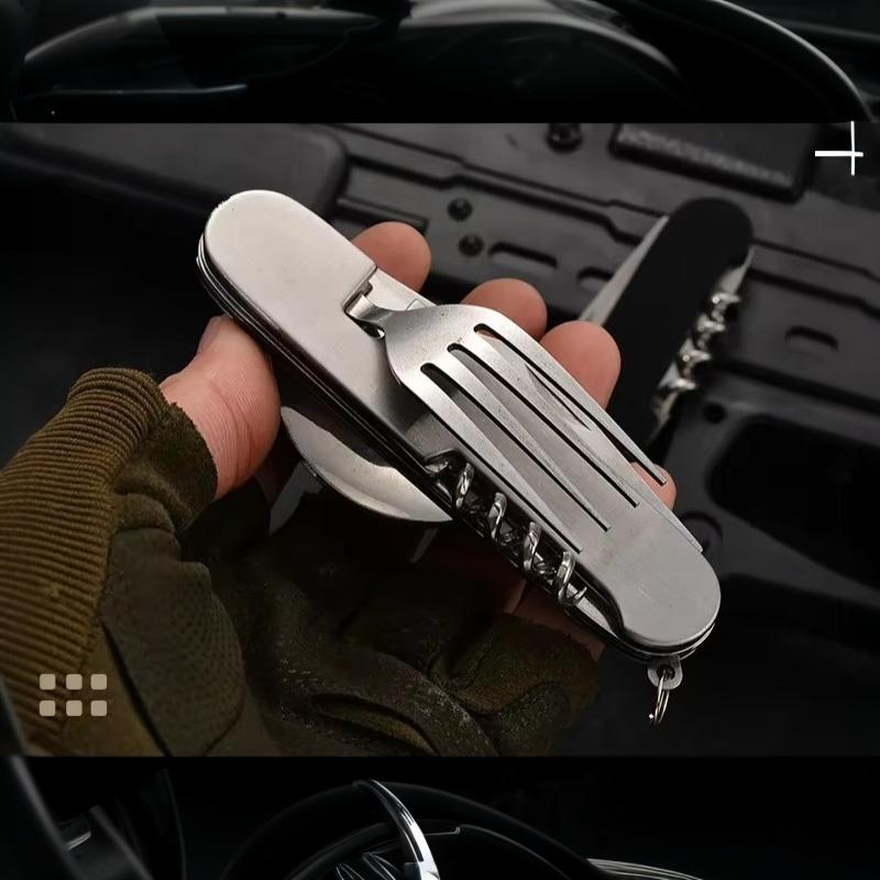 Set di posate portatile pieghevole in acciaio inossidabile resistente alla corrosione: forchetta, cucchiaio, coltello, apribottiglie per picnic, viaggi, uso quotidiano