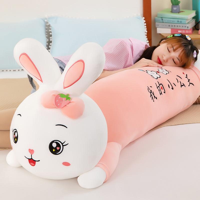 Cute Strawberry Siding Rabbit Plush Toys for Girls Sleeping Long Pillows Home Cushions for Chinese Valentine's Day Gift Side Sleeping Pillow