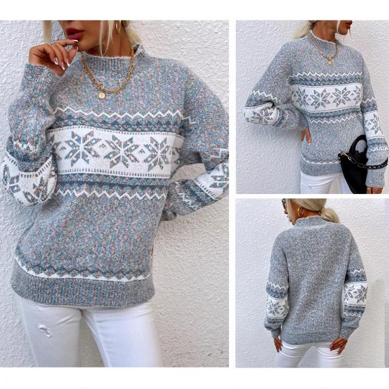 2024 Autumn and Winter Fashion Christmas Snowflake Pattern Semi-turtleneck Sweater Pullover Women's Clothing