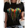 European Sizes Women's White Oversized T-Shirt with Multicolor Dripping Stripe Print - Short Sleeve Round Neck Casual Summer Top