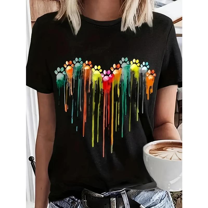 European Sizes Women's White Oversized T-Shirt with Multicolor Dripping Stripe Print - Short Sleeve Round Neck Casual Summer Top