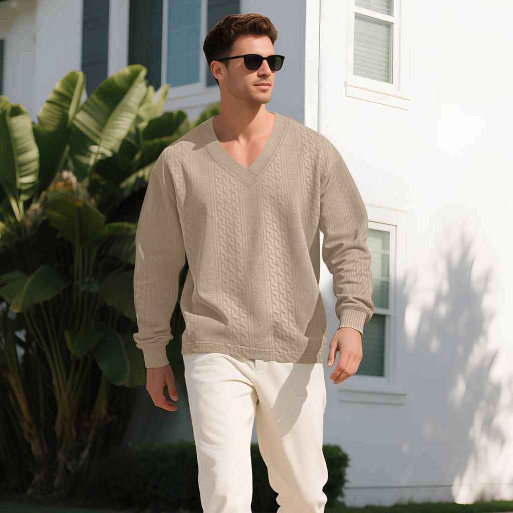 Men Vertical Cable Jacquard Textured V Neck Sweatshirt Ribbed Cuffs Long Sleeve Loose Fit Solid Color Spring Fall Daily Smart Casual Pullover Top