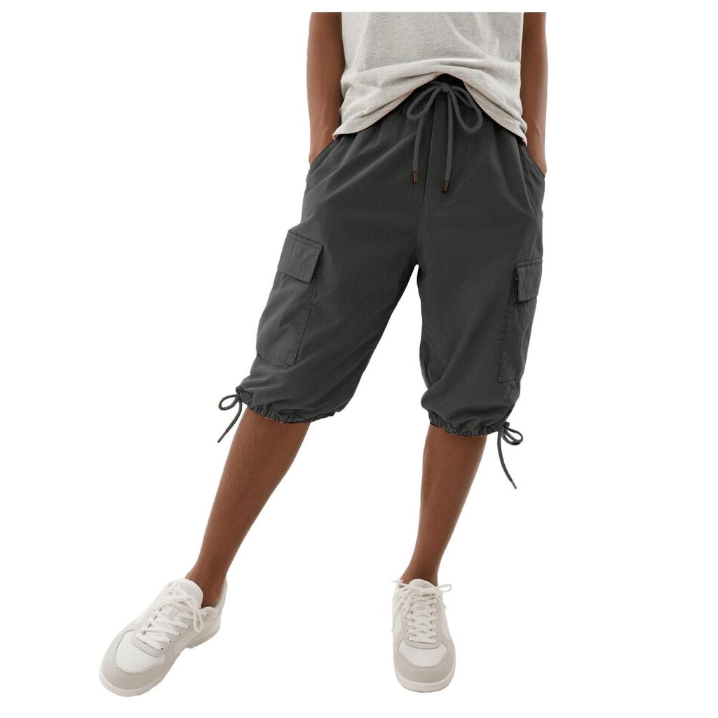 Womens Shorts Knee Length Linen Elastic Waist Drawstring Shorts Summer Pants With Pockets