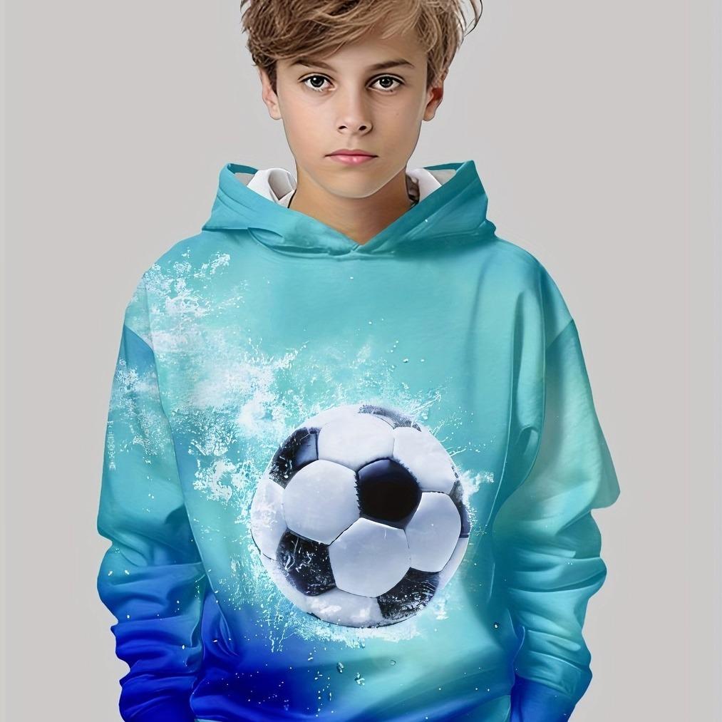 

Boys football themed 3D printed hooded sweatshirt - long sleeved pullover with underwater football pattern, casual and loose fit 13-14Y