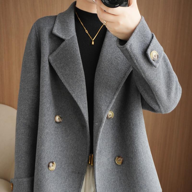 Dámský krátký vlněný kabát - Volný kabát s klopami ve stylu saka pro podzim/zimu