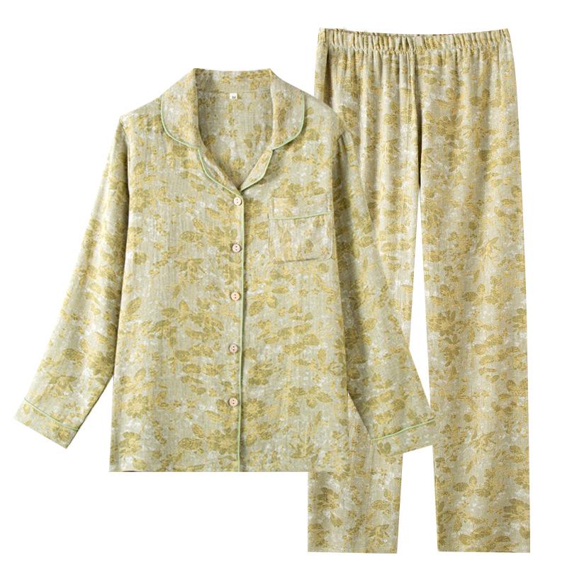 Damen Jacquard Baumwolle Pyjama Set - Langarm, Lange Hose, Leicht, Vielseitige Homewear für Frühling und Herbst