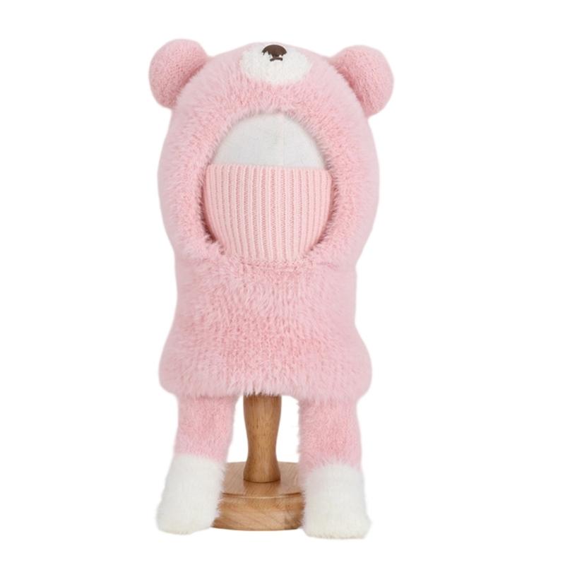 

Children Face Cover Brimless Hat Neck Warmer With Cartoon Bear Design Pullover Earflap Hat For Toddler Skiing Hiking рожевий