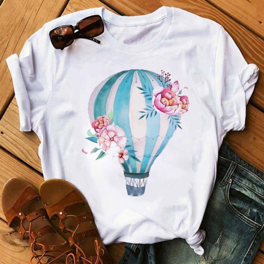Cute cartoon balloon round neck short-sleeved T-shirt women's casual Harajuku loose T-shirt top
