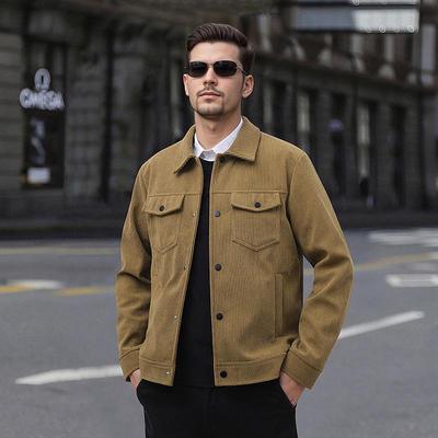Men's Retro Corduroy Lapel Jacket - Spring/Autumn Workwear, Solid Color, Middle-Aged American Style
