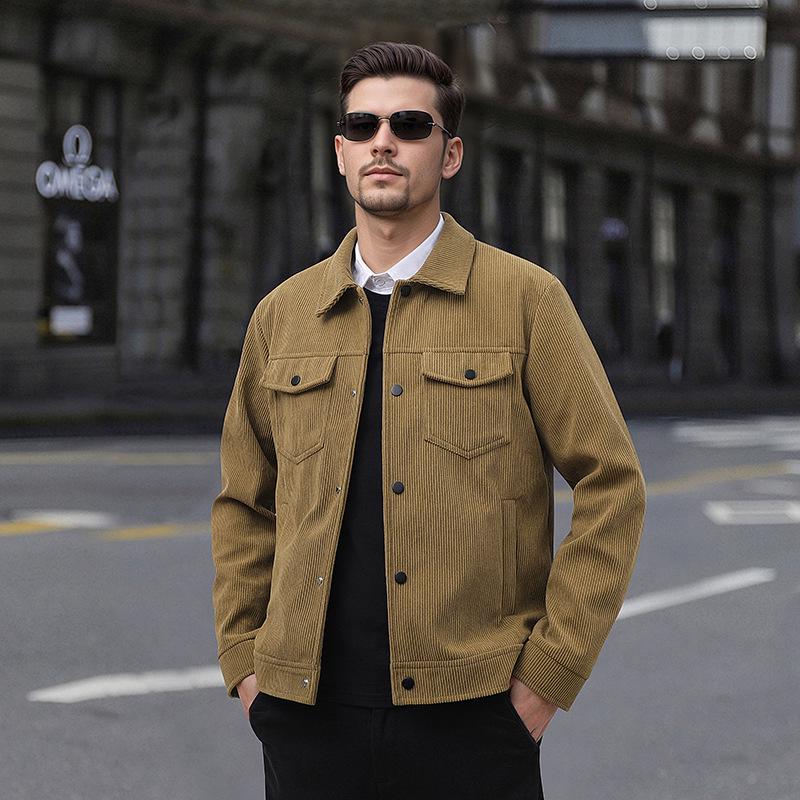 

Men s Retro Corduroy Lapel Jacket - Spring/Autumn Workwear, Solid Color, Middle-Aged American Style L хакі