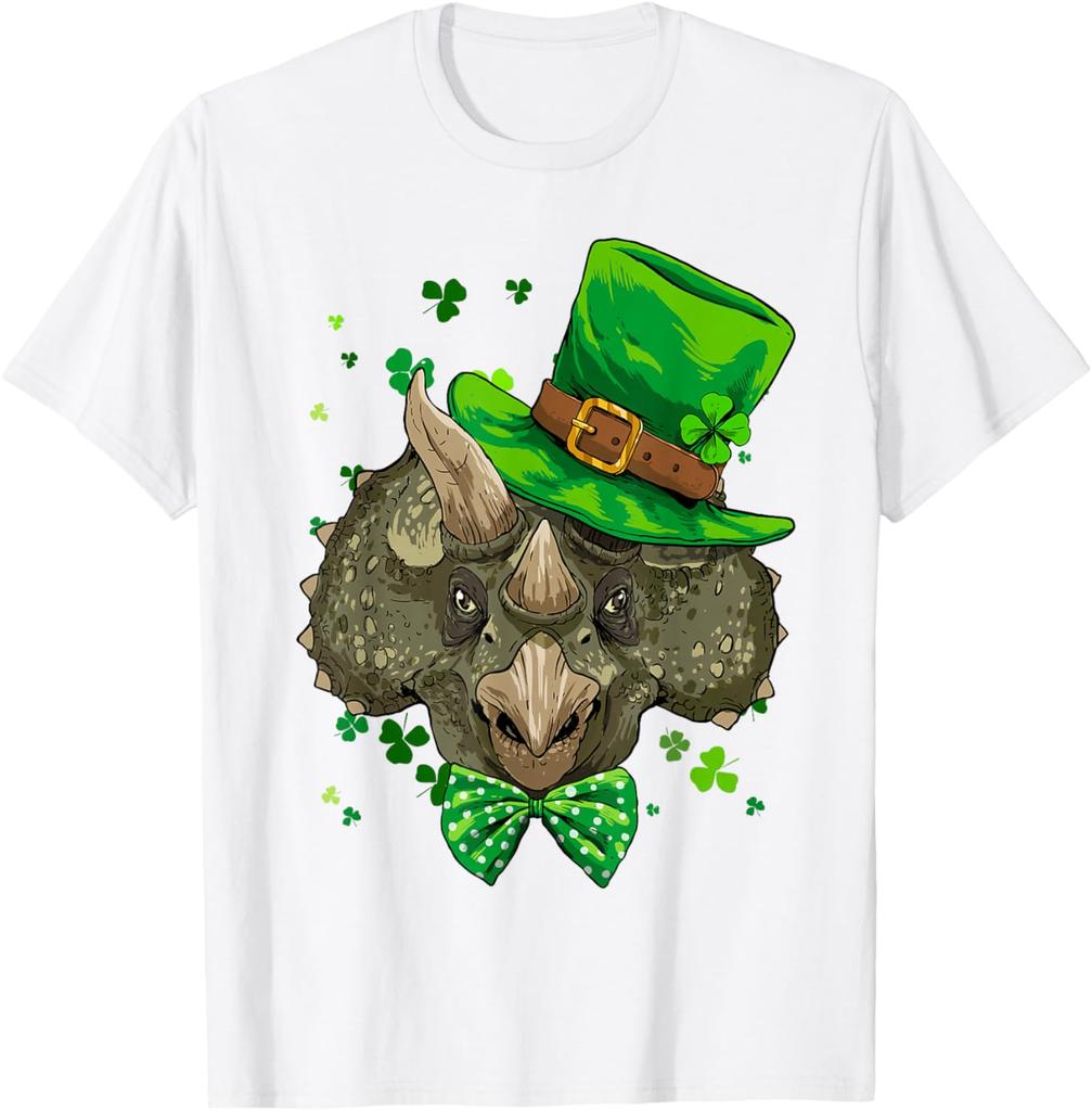 Triceratops Leprechaun St Patricks Day Graphic Tee Men Women Cotton Casual T-Shirt