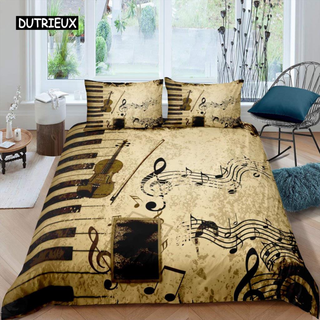 Music Bedding Set Piano Keyboard Music Note Duvet Cover Queen Size Bed Linen Comforter Microfiber Guitar Polyester Bedding Sets