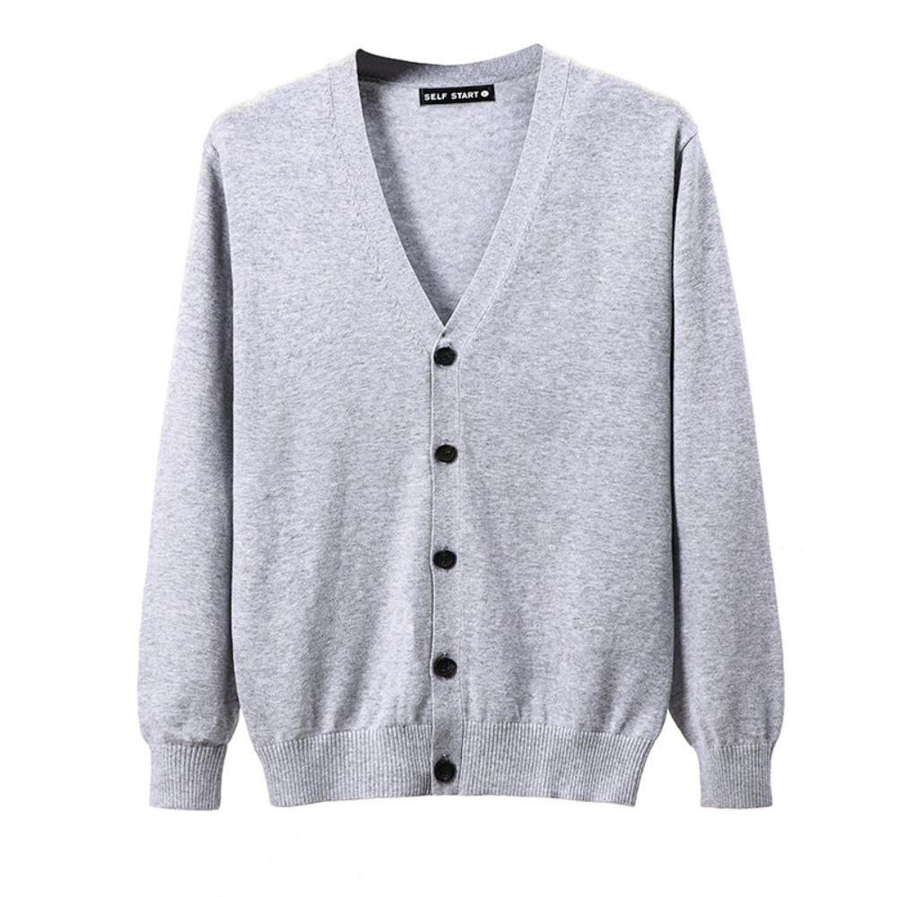 Men 100% Cotton V Neck Knit Cardigan, Slim Fit Long Sleeve Korean Style Casual Sweater Jacket for Autumn Winter