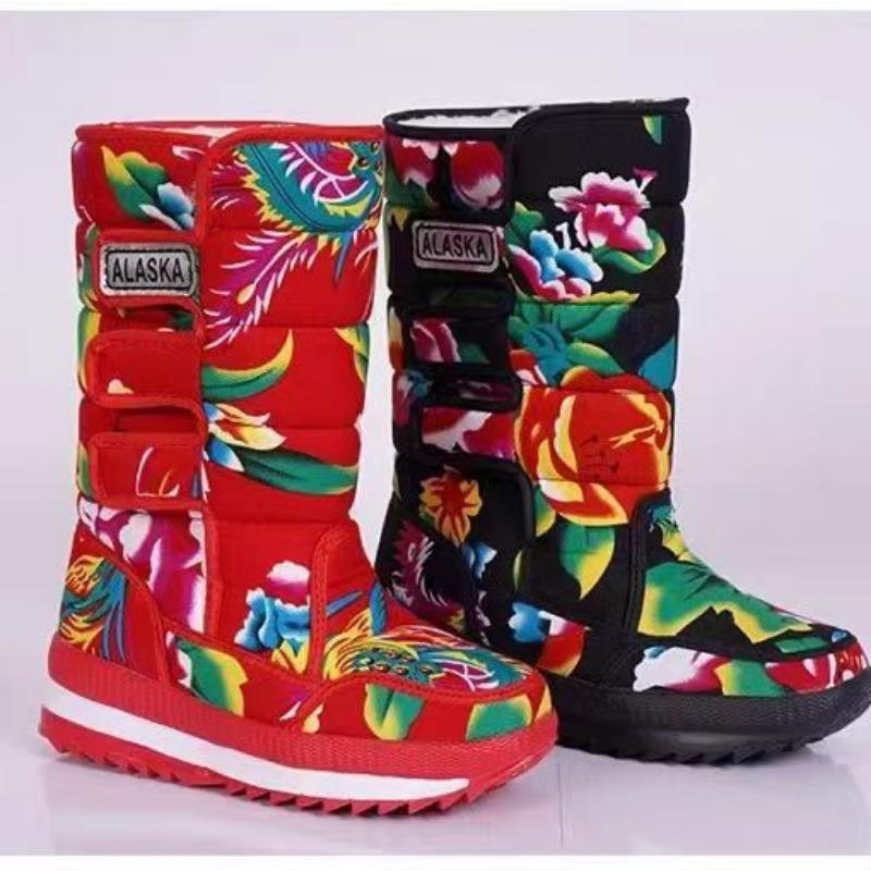 Women Fleece Thickened Ethnic Floral Winter Warm Outdoor Snow Boots
