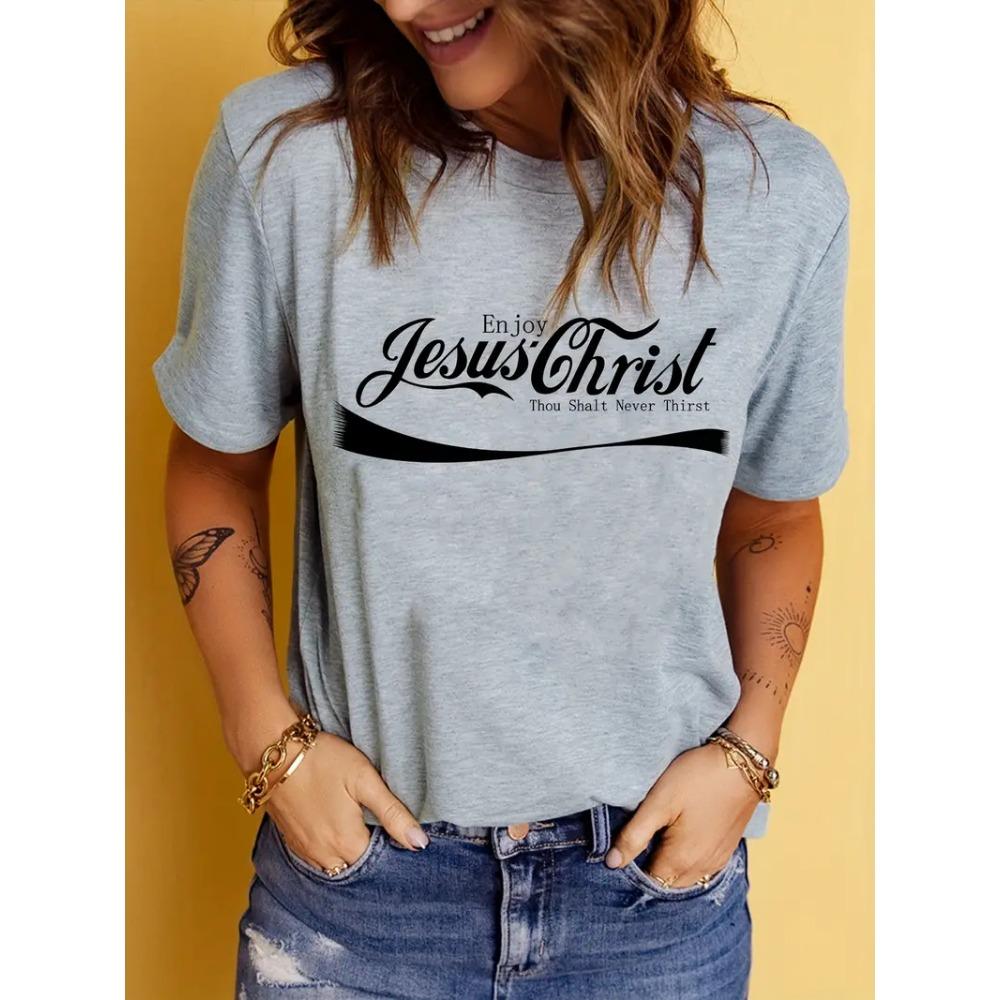 Jesus Print T-Shirt, Short Sleeve Crew Neck Casual Top For Summer & Spring, Women's Clothing