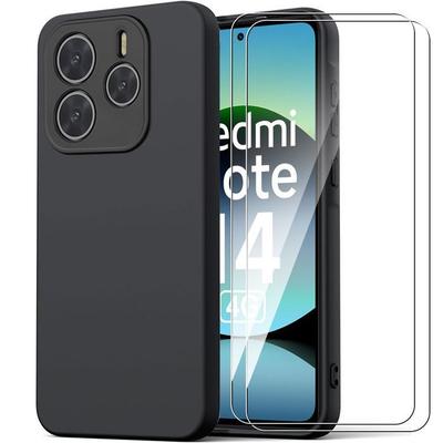 Case + 2 Tempered Glass for Xiaomi Redmi Note 14 4G (not for 5G) Protection Silicone Souple Doux Slim Anti-Rayures Noir