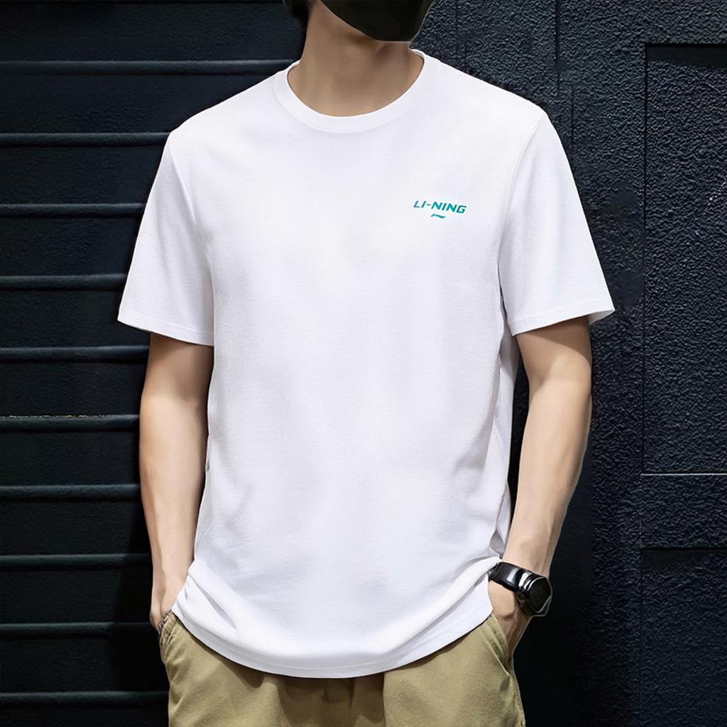 Li-Ning Versatile Loose Fit Cotton Skin-Friendly Comfortable Sports Short Sleeve T-Shirt Men Tops Standard-White AHSW879-2