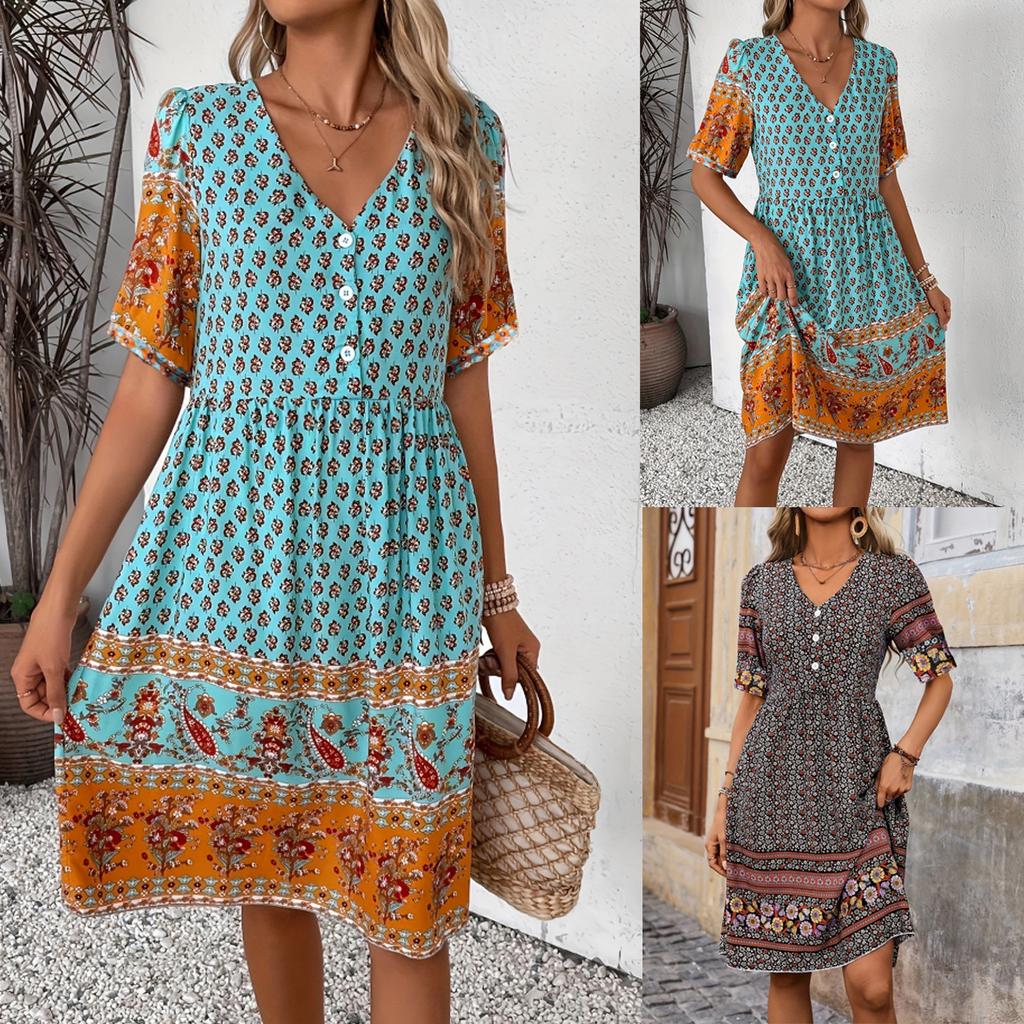 Women's V Neck Short Sleeve Midi Dress Loose Waist Paisley Patchwork Floral Print Boho Casual Dress
