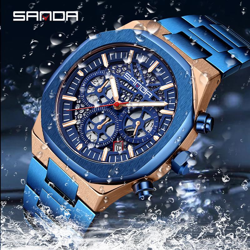 Sanda Men's Skeleton Steel Band Wristwatch with Six-Hand Calendar - Stylish & Waterproof