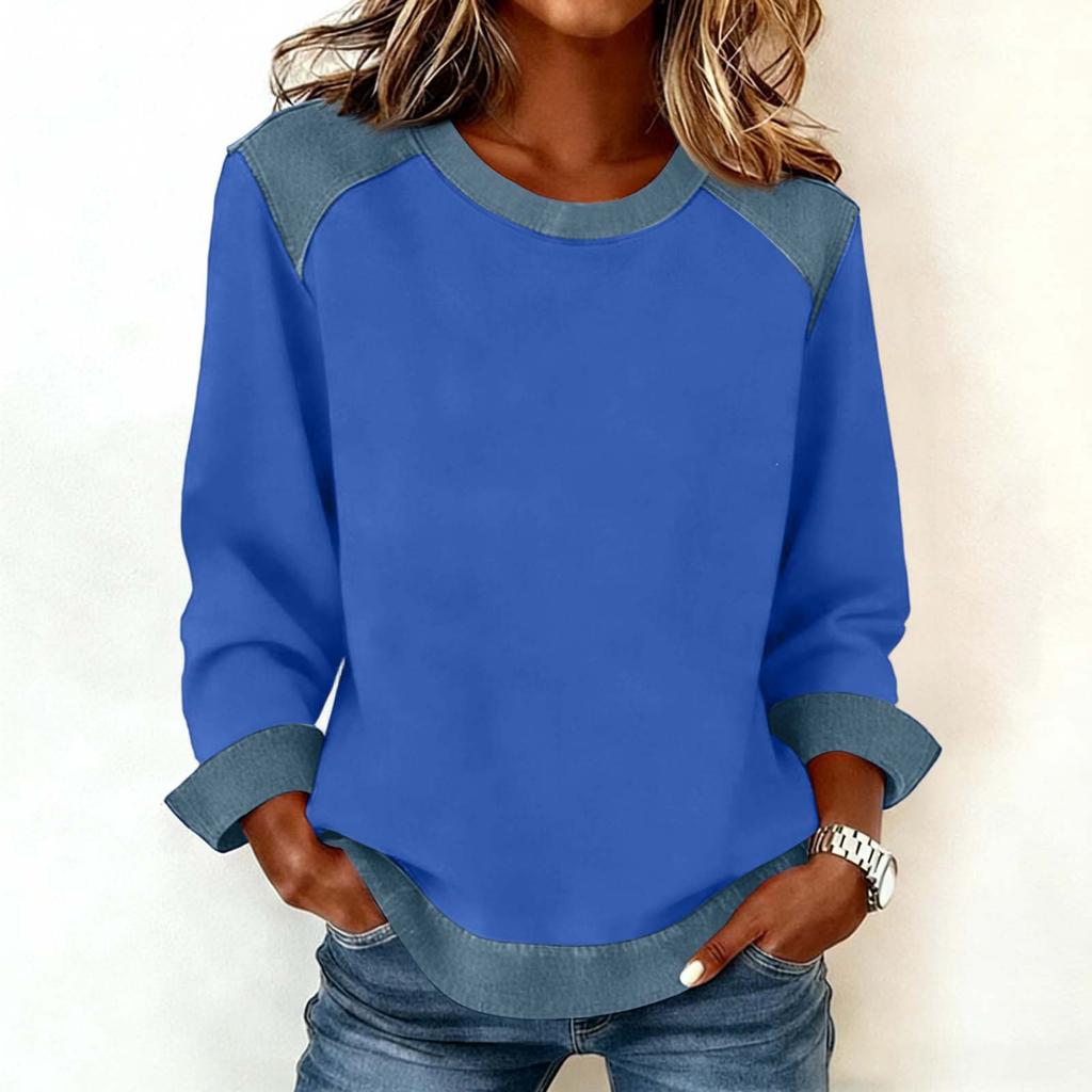 Women Denim Collar Patchwork Stitching Sweatshirt Casual  Pullover Long Sleeve Shirts