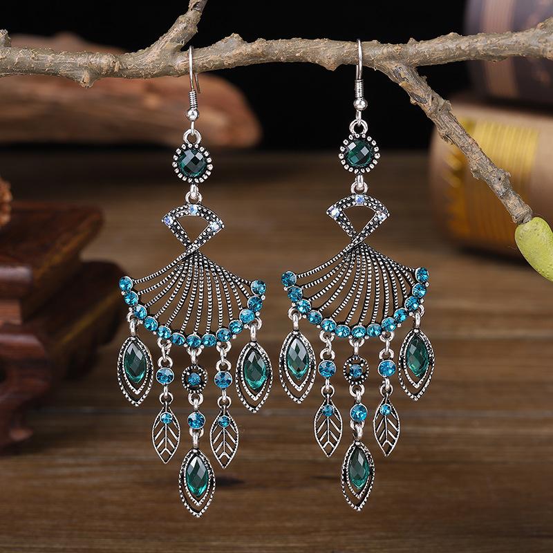 Bohemian Ethnisch Lang Blau Acryl Kristall Wassertropfen Ohrringe für Damen Retro Temperament Geometrisch Hängende Ohrringe Schmuck