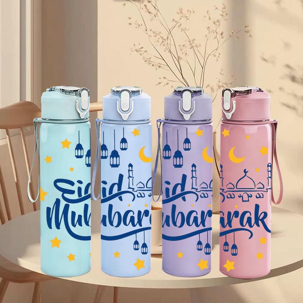 1PC Eid Mubarak Star Crescent Lettering 750ml Color Plastic Water Bottle Leakproof Flip Straw Lid For Sports Office Home Use