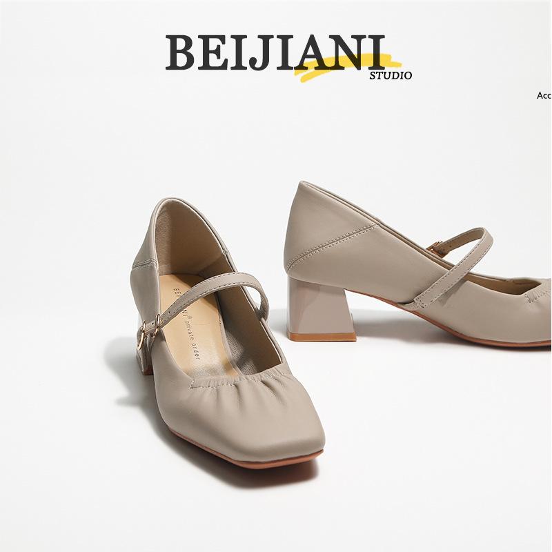 BEIJIANI Mary Jane na grubym obcasie ze skóry owczej - Damskie miękkie skórzane buty z jednym paskiem